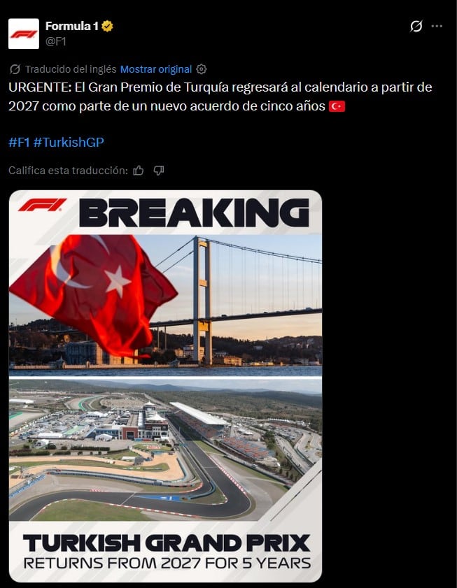 El anuncio de la F1 con la confirmación del GP de Turquía (@F1)