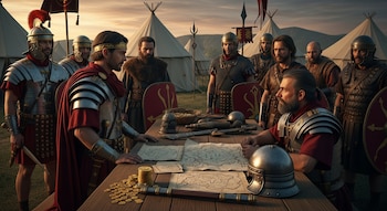 Dos grupos de hombres con vestimenta militar de época, una mesa de madera con mapas, monedas de oro y objetos bélicos. Tiendas de campaña en el fondo.