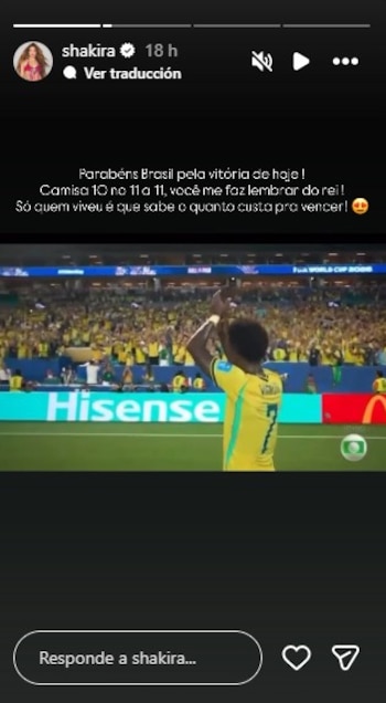 La cantante le envió un mensaje dirigido a Neymar luego de que la Canarinha venciera 3-0 a Escocia - crédito @shakira/Instagram