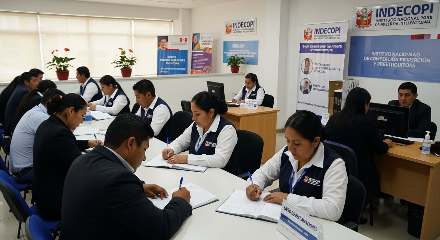 Usuarios redactan documentos mientras funcionarios atienden consultas en un centro de atención al consumidor de Indecopi. (Imagen Ilustrativa Infobae)