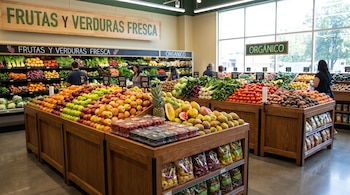 Vista amplia de un pasillo de supermercado con góndolas de madera repletas de frutas y verduras frescas y orgánicas; clientes compran en el fondo.