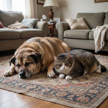 Un perro mestizo de tamaño grande y un gato atigrado obeso yacen uno al lado del otro sobre una alfombra estampada en una sala de estar, con sofás al fondo.