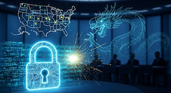 Imagen digital con mapa de EEUU, candado de seguridad, un dragón cibernético en azul, una explosión luminosa y fondo de código binario.