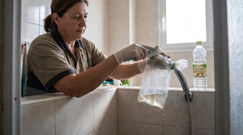 Una mujer con camisa beige y guantes blancos cepilla una regadera metálica con una bolsa de plástico atada, junto a una botella de vinagre blanco.