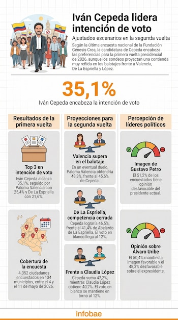 Infografía que muestra resultados de encuesta: Iván Cepeda lidera intención de voto para 2026, proyecciones de segunda vuelta y percepción de líderes políticos.
