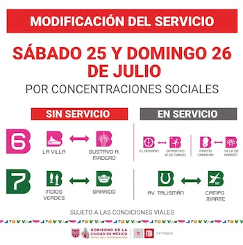 Las líneas 6 y 7 del Metrobús sufrirán modificaciones en su ruta durante los días 25 y 26 de julio.
Crédito: X/ @MetrobusCDMX