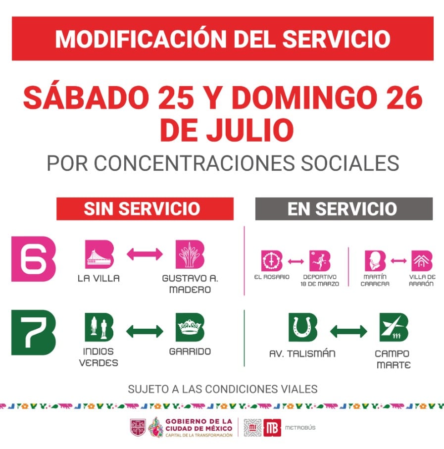 Las líneas 6 y 7 del Metrobús sufrirán modificaciones en su ruta durante el fin de semana.
Crédito: X/ @MetrobusCDMX