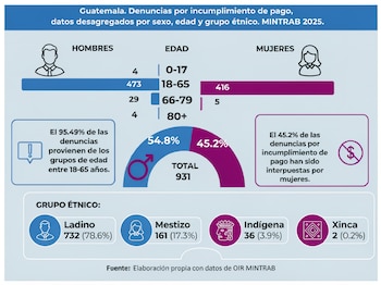El registro oficial muestra una prevalencia significativa de denuncias por parte de hombres, especialmente en el rango de 18 a 65 años, evidenciando desigualdades en la protección laboral en el sector formal guatemalteco.