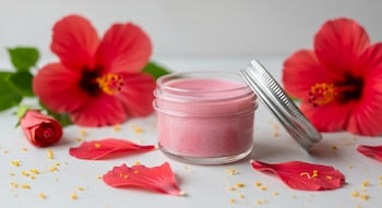 Un frasco de vidrio con bálsamo labial rosado junto a su tapa plateada, rodeado de flores de jamaica rojas, pétalos y polen esparcido sobre una superficie clara.