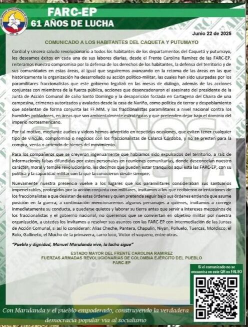 Disidencias de las Farc amenazaron a los habitantes del Caquetá y Putumayo - crédito Redes sociales
