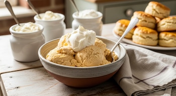 Un tazón de helado color caramelo claro con nata batida en la parte superior y una cuchara, rodeado de tarros de crema y bollos dorados en una mesa de madera.