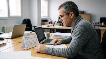 Hombre con gafas en una oficina frente a un calendario de mesa de enero de 2027, dos ordenadores portátiles, papeles y un bolígrafo.