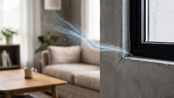 Corriente de aire visible que entra por una grieta bajo el marco de una ventana en una sala con sofá y mesa