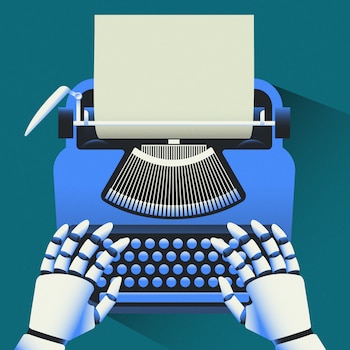Unas manos articuladas de robot sobre el teclado de una máquina de escribir azul con una hoja de papel en blanco