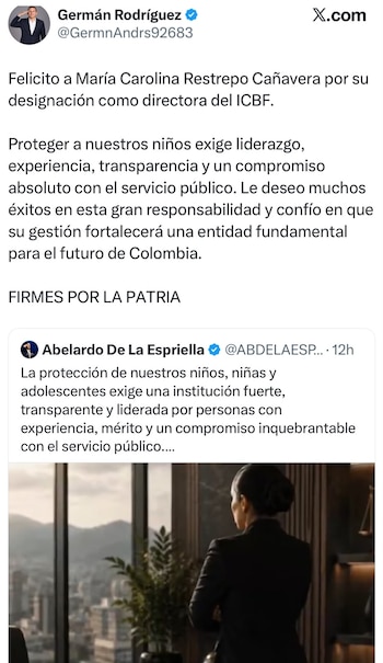 Germán Rodríguez opinó sobre el nombramiento de María Carolina Hoyos en el Icbf - crédito @GermnAndrs92683/X
