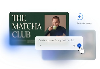Interfaz digital mostrando la creación de un póster. Un cuadro de texto dice "Create a poster for my matcha club". Un póster verde con una mujer sonriente y matcha