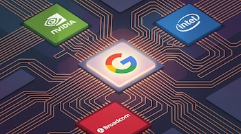 Ilustración de placa de circuito con chip central Google brillante. Chips Nvidia, Intel y Broadcom perimetrales, conectados por trazas de cobre.
