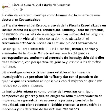 La Fiscalía General del Estado de Veracruz investiga como feminicidio el asesinato de la doctora Cristina Ramos. (Facebook Fiscalía General del Estado de Veracruz)