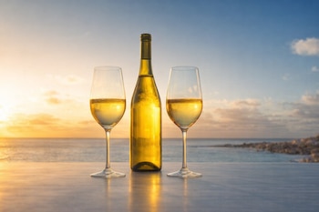 Una botella de vino blanco y dos copas llenas de vino sobre una superficie oscura, con el sol poniente y el océano azul de fondo.