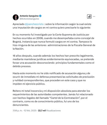 Trino de Sanguino por acusaciones