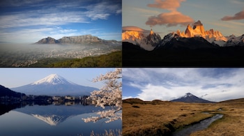 Composición de cuatro fotografías que muestran paisajes montañosos con un valle urbano, crestas rocosas, un lago con cerezos y un arroyo.