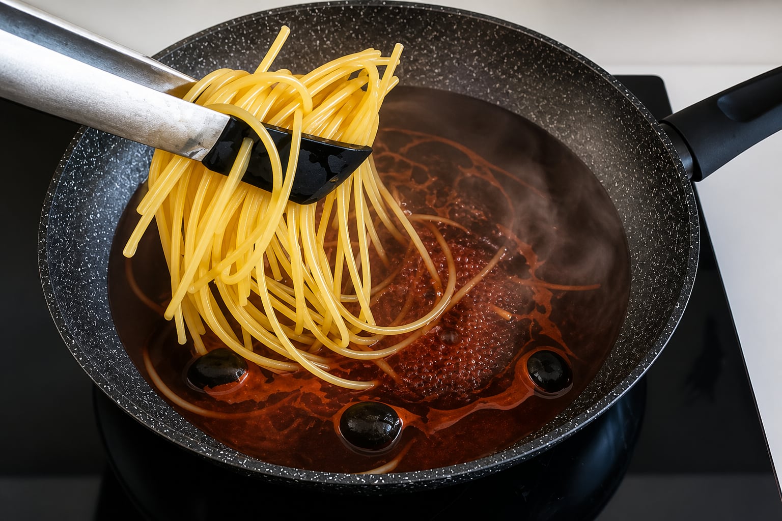 La pasta debe cocinarse entre ocho y 10 minutos en la mezcla de caldo, agua y vino tinto hasta que la salsa se reduzca y quede al dente - crédito Imagen Ilustrativa Infobae