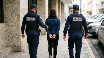 Una mujer con las manos esposadas a la espalda camina entre dos agentes de policía uniformados de azul en una acera.