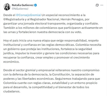 Natalia Gutiérrez, presidenta del Consejo Gremial, dijo que Colombia necesita un gobierno que proteja las instituciones - crédito @NGutierrezJ/X