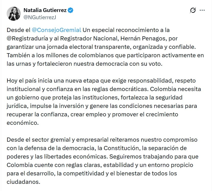 Natalia Gutiérrez, presidenta del Consejo Gremial, dijo que Colombia necesita un gobierno que proteja las instituciones - crédito @NGutierrezJ/X
