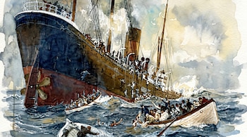 Ilustración de acuarela de un gran barco hundiéndose por la popa, con personas cayendo al mar y varios botes salvavidas llenos en primer plano.