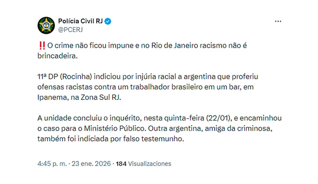 El comunicado de la Policía Civil de Río de Janeiro
