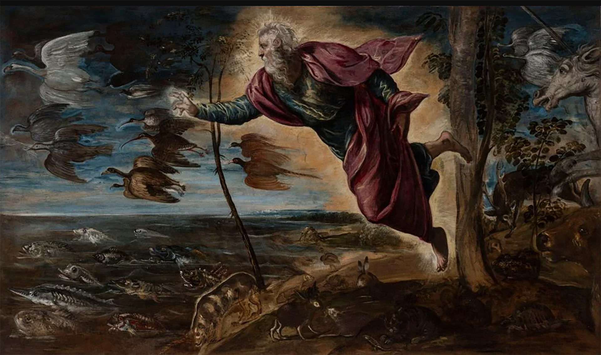 La monumental pintura La Creación de los Animales de Tintoretto representa a Dios flotando en el cielo mientras da vida a diversas criaturas que emergen en el aire, el agua y la tierra, capturando un momento trascendental