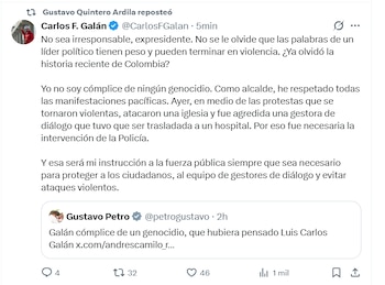 Captura de pantalla de una publicación en X con texto de Carlos F. Galán que cita un mensaje previo de Gustavo Petro sobre protestas en Colombia