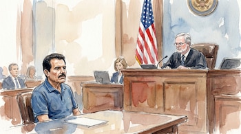 Ilustración en acuarela de una sala de juicio con un hombre sentado a la izquierda y un juez a la derecha, con una bandera de EEUU al fondo.