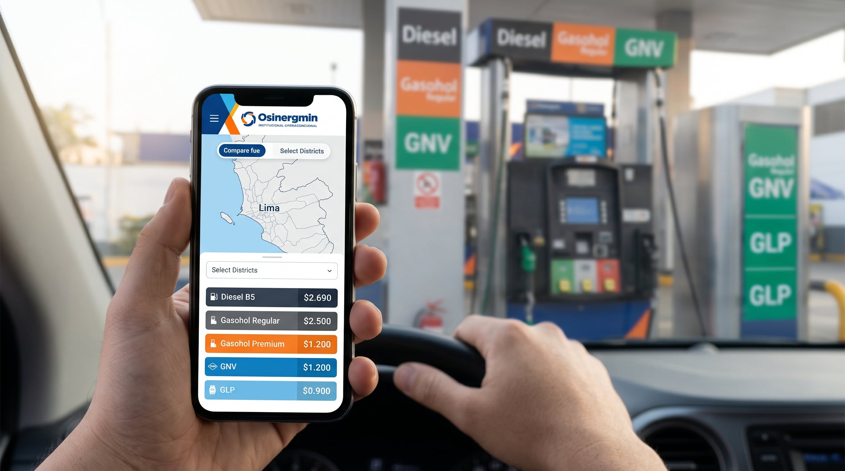 Un conductor consulta los precios de combustibles en Lima a través de una aplicación digital de Osinergmin frente a los surtidores de una estación de servicio. (Imagen Ilustrativa Infobae)