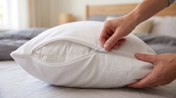 Dos manos sostienen y cierran la cremallera de una funda protectora blanca sobre una almohada.