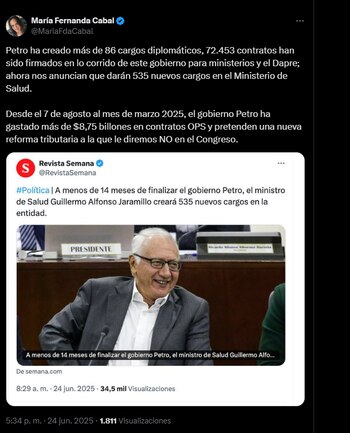 La congresista criticó el mal manejo de los recursos del Estado por parte de la actual administración - crédito @MariaFdaCabal/X