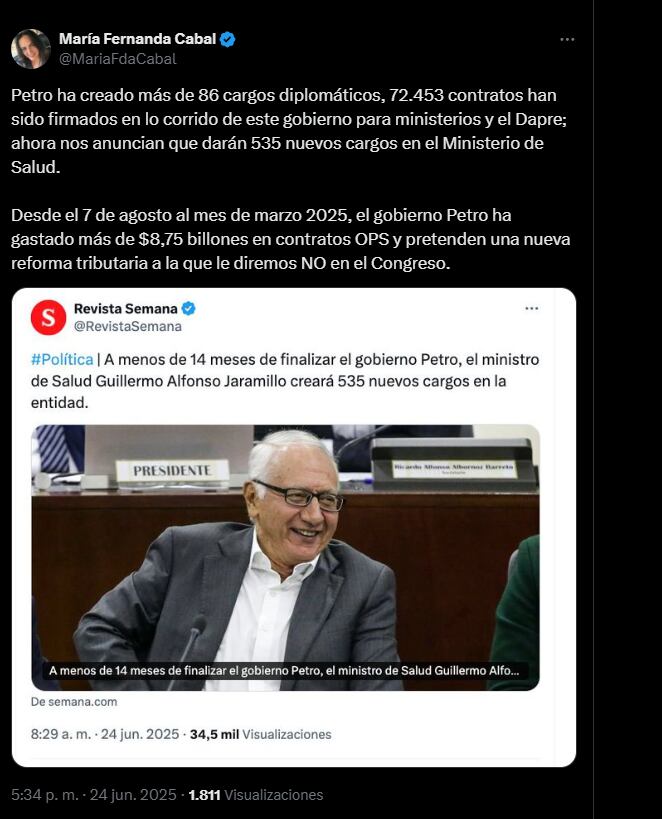 La congresista criticó el mal manejo de los recursos del Estado por parte de la actual administración - crédito @MariaFdaCabal/X