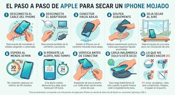 Infografía con diez cuadros explicativos e ilustraciones que detallan cómo secar un teléfono y qué elementos no utilizar