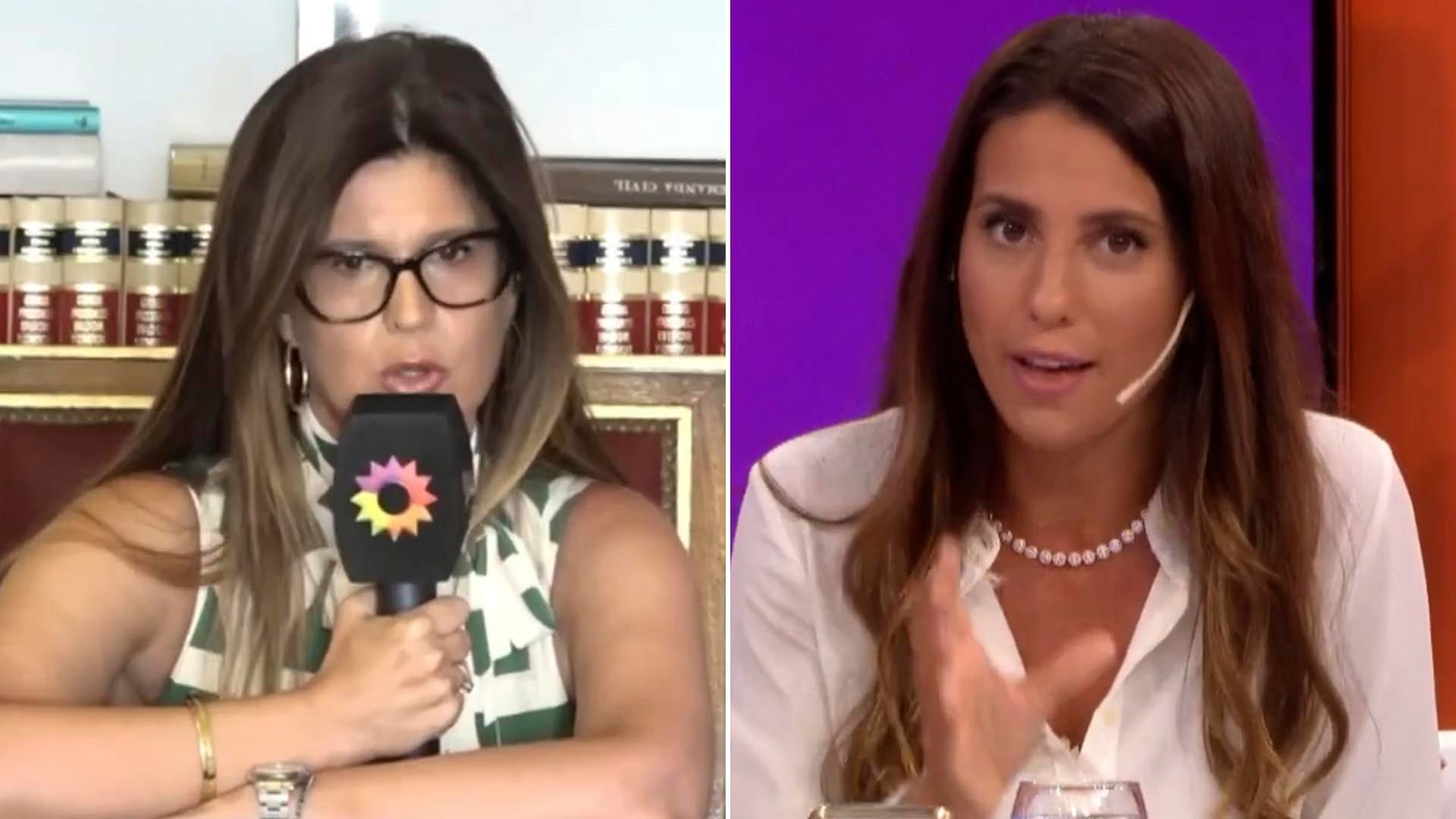 Elba Marcovecchio sostiene un micrófono mientras Cinthia Fernández habla en una pantalla dividida, ilustrando el intenso cruce verbal entre ambas personalidades mediáticas.