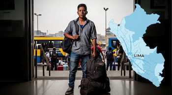 Hombre joven con dos mochilas de pie en una estación de autobuses. A la derecha, un mapa de Perú azul claro muestra flechas hacia LIMA desde varias regiones.