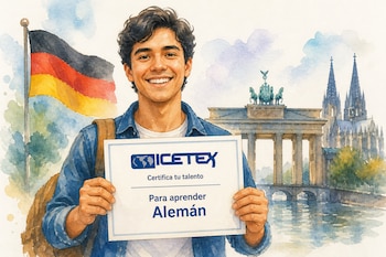 Ilustración en acuarela de un hombre con un cartel de Icetex, la bandera de Alemania y la Puerta de Brandeburgo al fondo.