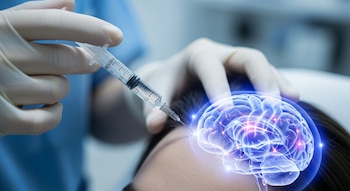 Una mano con guante sostiene una jeringa y la acerca a la cabeza de un paciente, con una imagen digital de un cerebro brillante superpuesta.