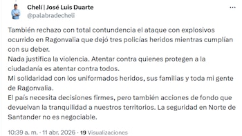 El representante a la Cámara José Luis Duarte, exalcalde de Chinácota, expresó su rechazo al empleo de explosivos que dejó tres policías heridos durante el atentado - crédito @palabradecheli/X