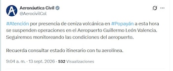 El Aeropuerto Guillermo León Valencia de Popayán interrumpió su actividad durante la mañana del domingo 13 de septiembre - crédito @AerocivilCol/X