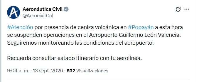 El Aeropuerto Guillermo León Valencia de Popayán interrumpió su actividad durante la mañana del domingo 13 de septiembre - crédito @AerocivilCol/X