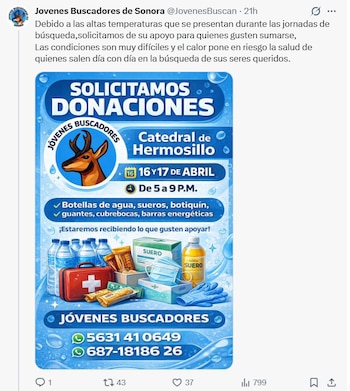 Las organizaciones que buscan a personas no localizadas en la región piden insumos, como agua y alimentos, debido a que las temperaturas extremas dificultan las labores de rastreo y ponen en riesgo la salud de los voluntarios| (CRÉDITO: @JovenesBuscan)