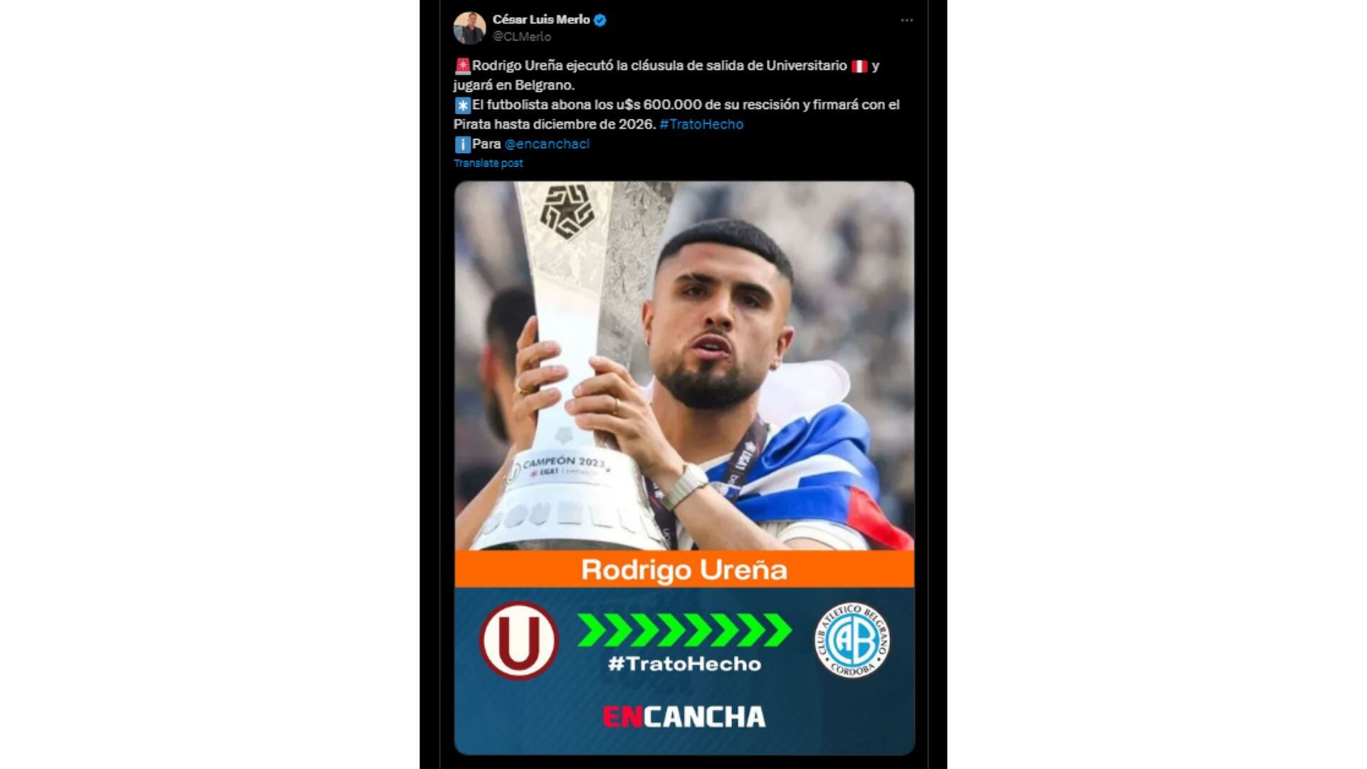 Rodrigo Ureña se va de Universitario y fichará por Belgrano tras pagar su cláusula de salida.