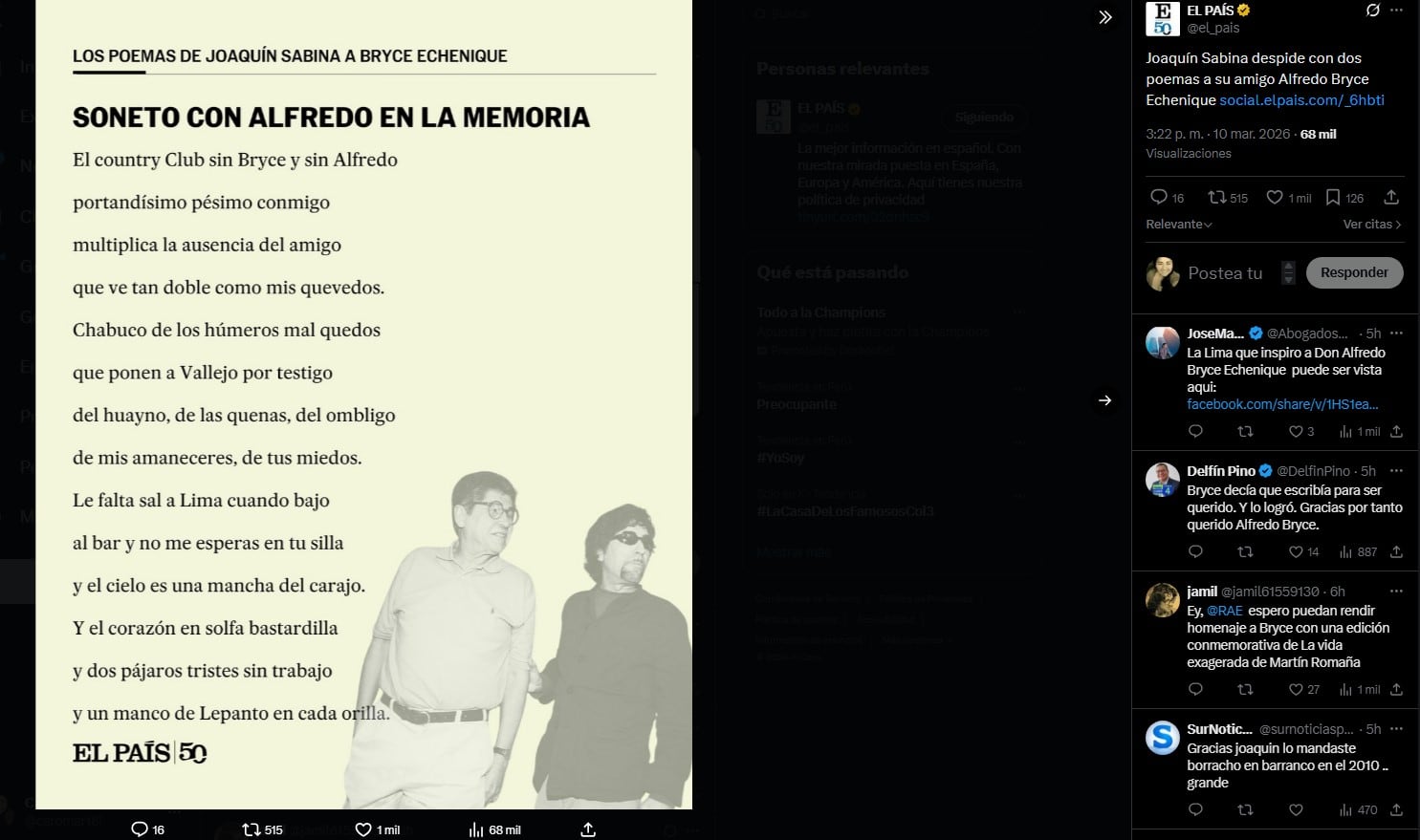 Sabina dedica dos poemas a Alfredo Bryce Echenique y conmueve con su despedida. Captura: El País.