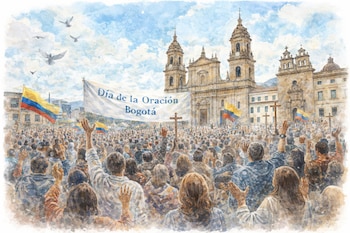 Una acuarela muestra una multitud en una plaza con manos levantadas, banderas de Colombia, cruces y una pancarta que dice Día de la Oración Bogotá frente a una iglesia grande.